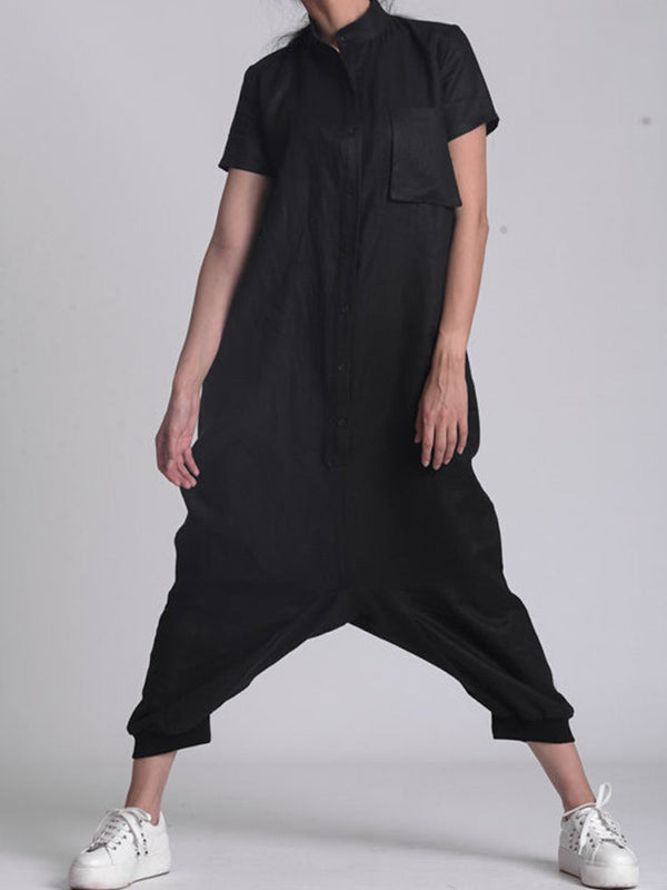 Simple Black Stand Collar Low Crotch Short Sleeves Jumpsuits