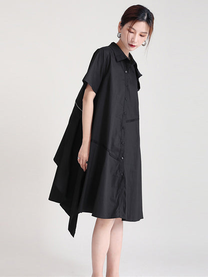 Stylish Irregular Split-Joint Falbala Buttoned Lapel Collar Short Sleeves Midi Dress