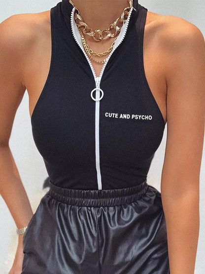 Sexy Letter Printed Zipper Sports Bodysuits