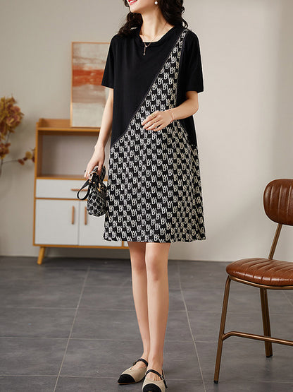 Original Loose Split-Joint Letter Printed Round-Neck Short Sleeves False Two Mini Dress