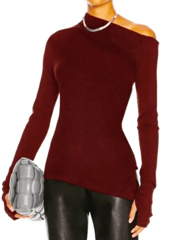 Stylish Solid Color One-Shoulder Long Sleeves T-Shirt Top