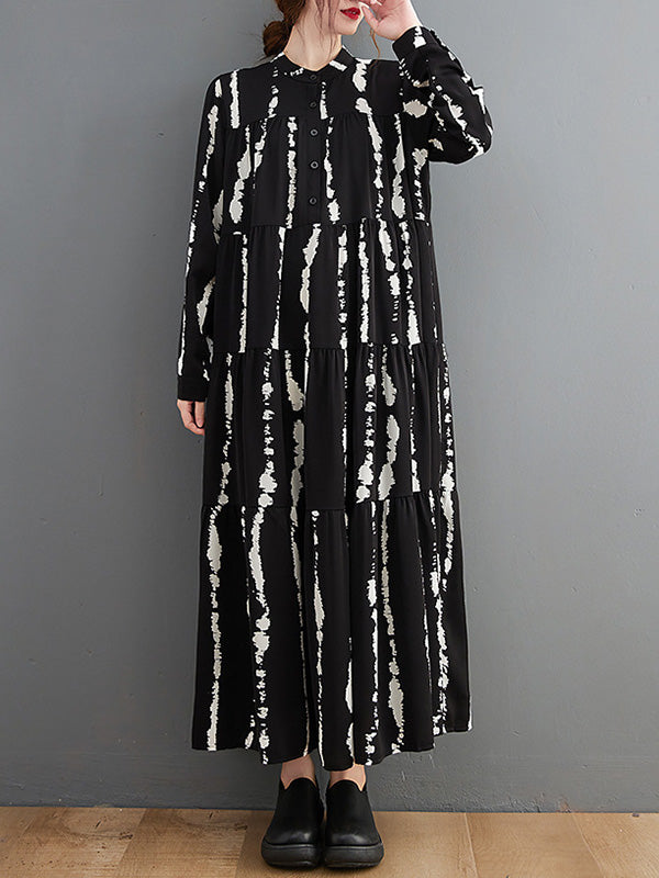 Stylish Buttoned Printed Long Sleeves Stand Collar Loose Midi Dress