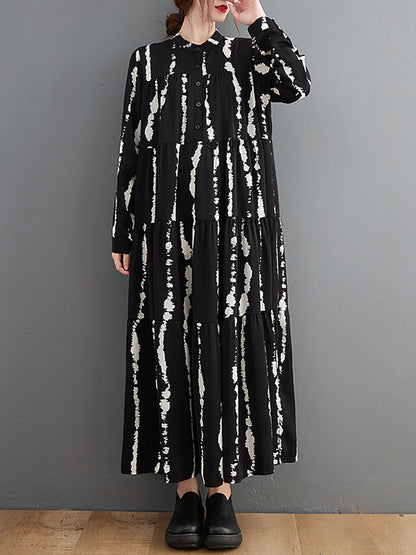 Stylish Buttoned Printed Long Sleeves Stand Collar Loose Midi Dress