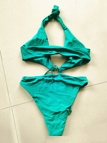 Solid Color Belly-Hollow Backless One-Piece Swimwear