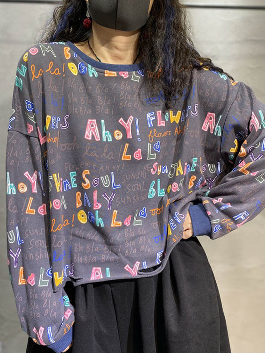Fashion Contrast Color Printed Long Sleeves Torn Sweatshirt Top