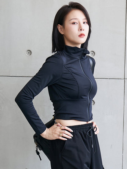 Sports Solid Color Zipper Stand Collar Long Sleeves Outwear