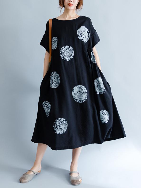 Black Polka-Dot Print Round-neck Midi Dress