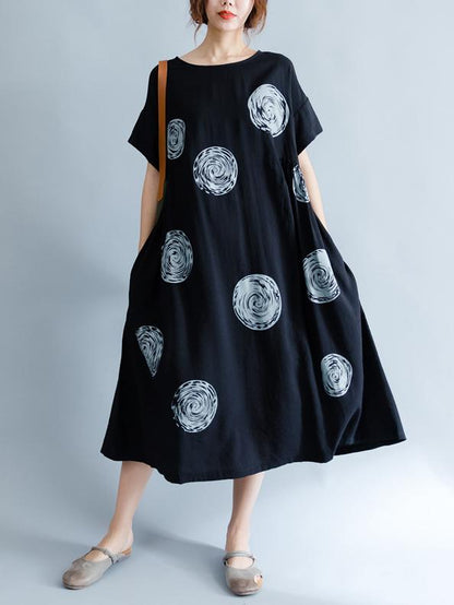 Black Polka-Dot Print Round-neck Midi Dress