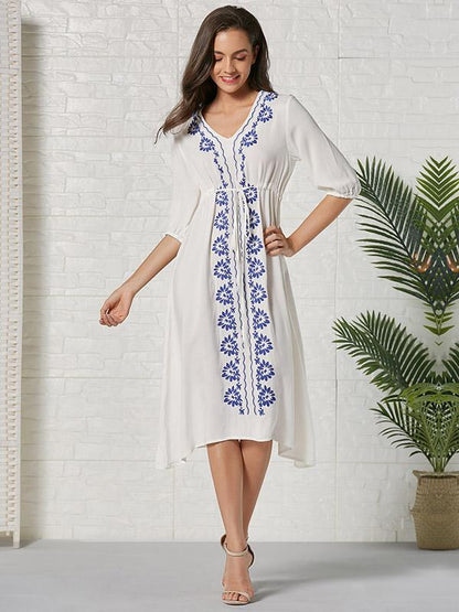 Bohemia Embroidered Floral V Neck Midi Dress