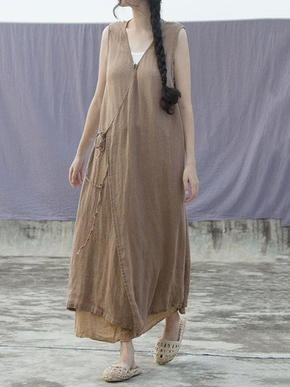 Literary Sleeveless Ramie Cotton Long Dress