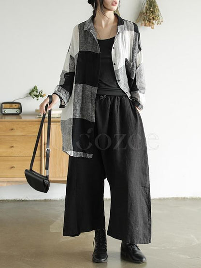 Retro Linen Plaid Long Shirt