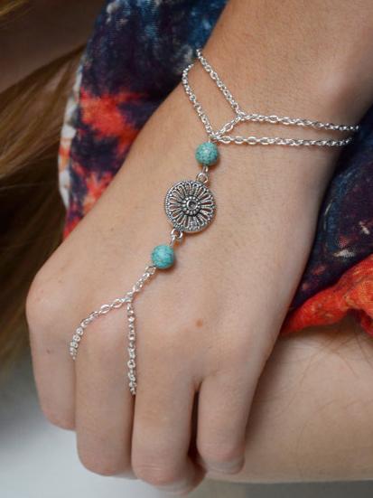 Bohemia Turquoise Flower Disk With Ring Bracelet Accessories