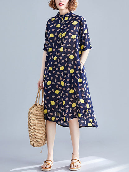 Artistic Retro Loose Contrast Color Printed Midi Shirt Dress