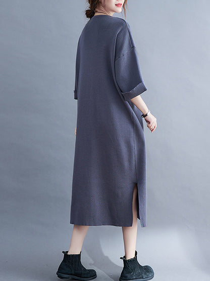 Urban Solid Color V-Neck Split-Side Knitting H-Line Sweater Dress