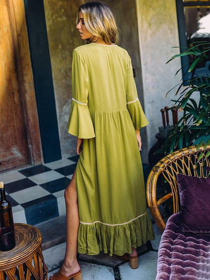 Embroidered Flared Sleeves Maxi Dress