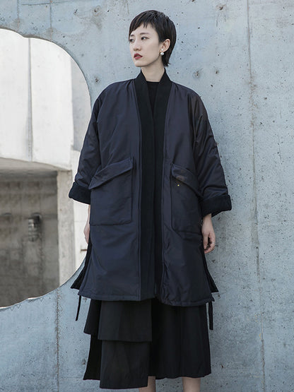 Fashion Solid Color Split-Side Long Sleeves Bandage  Cotton-Padded Coat