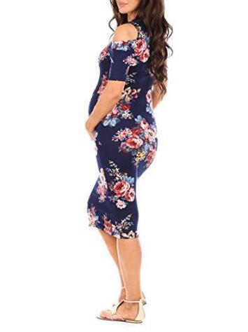 Maternity Printed Cold Shoulder Round-neck Midi Dress