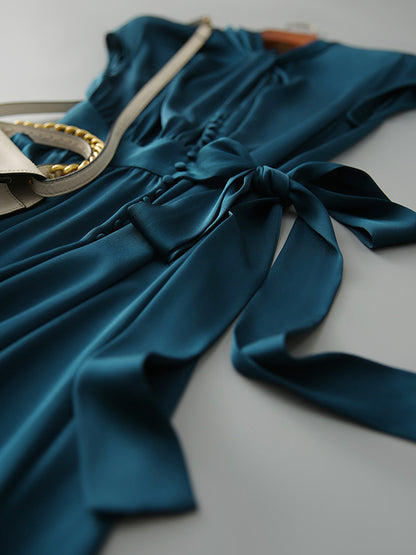 Elegance Blue Tied Cap Sleeve Long Dress