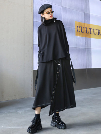 Stylish Selection Long Sleeves Buttoned Split-Side High-Neck Sweatshirt Tops