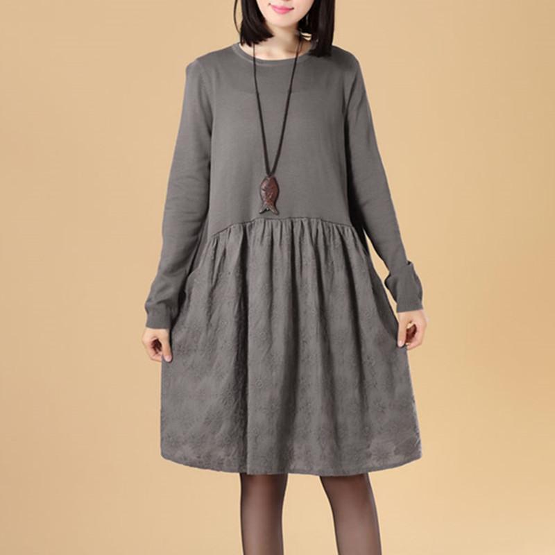 Embroidered Women Long Sleeve Folded Splicing Gray Sweater Dress