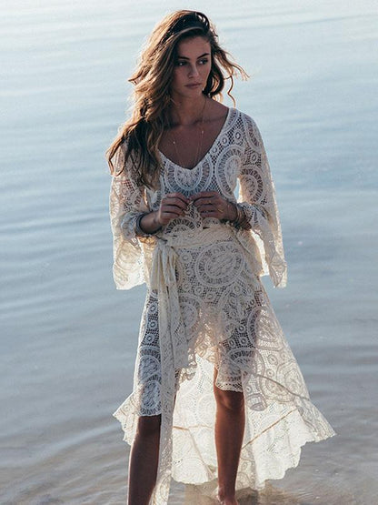 Hollow Flared Sleeve Blouses&Asymmetric Lace Skirt
