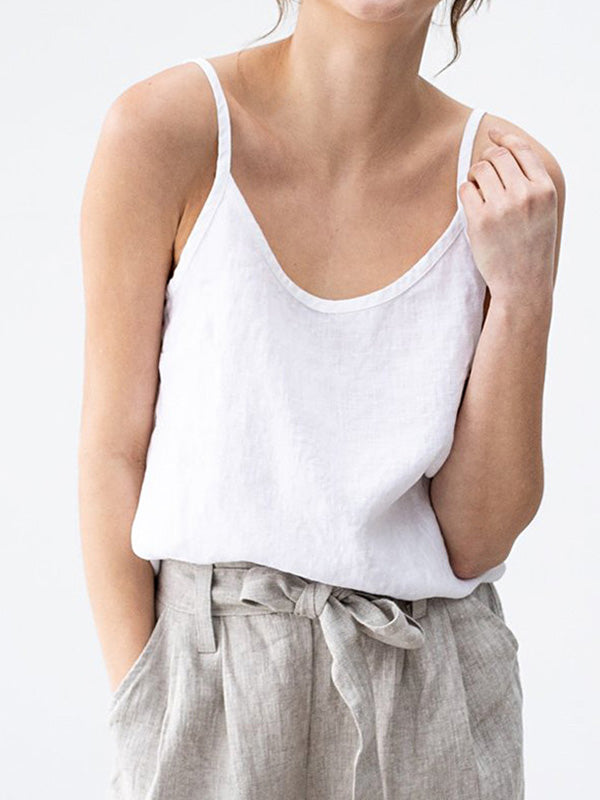 Vintage Ramie Cotton Spaghetti-Neck Round-Neck Mini Dress