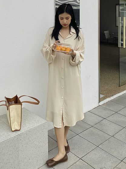 Simple Solid Color Buttoned Lapel Long Sleeves Shirt Dress