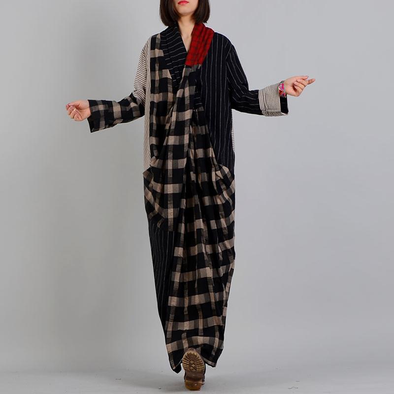 Buykud Stripe And Plaid Irregular Spliced Retro Loose Dress