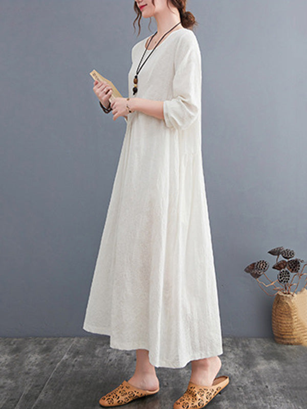 Casual Simple Solid Color Pleated Round-Neck Long Sleeves Midi Dress
