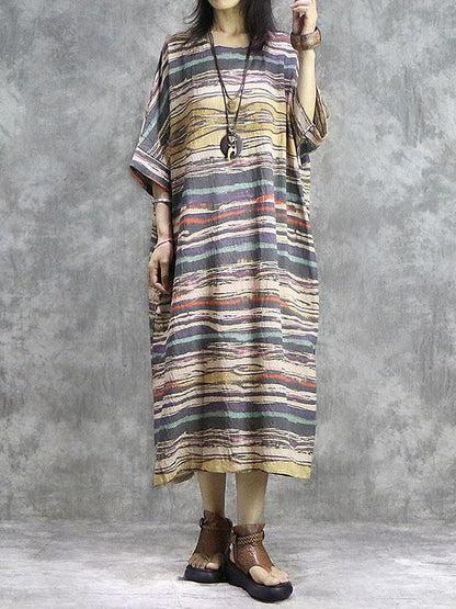 Vintage Printed Batwing Sleeves  Midi Dress
