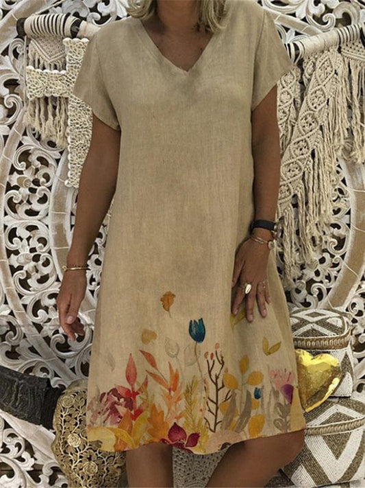 Floral V-neck Short Sleeves Midi Dress