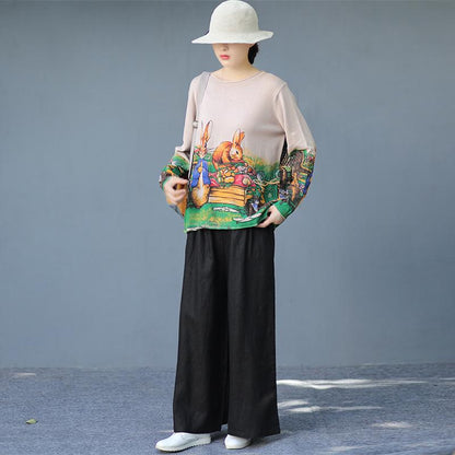 Buykud Cartoon Rabbit Printed Casual Knitted Shirt