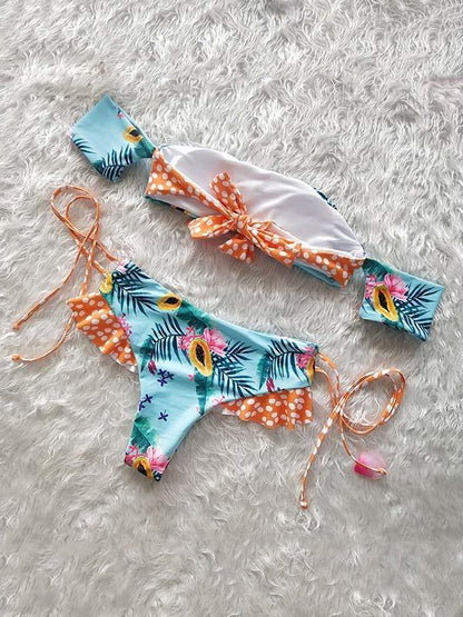 Printed Strapless Lace Up Bikinis Swimwear
