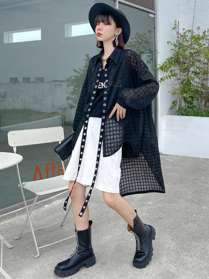 Stylish See-Through Buttoned High-Low Lapel Outerwear