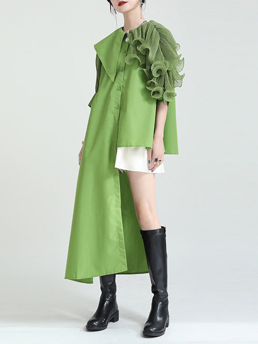 Stylish Irregular 4 Colors Split-Joint Pleated Mesh Falbala Buttoned Lapel Collar Bishop Sleeves Blouse