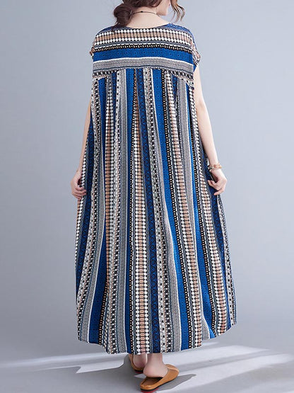 Casual Split-Joint Striped Round-Neck Short Sleeves Loose Midi Dress
