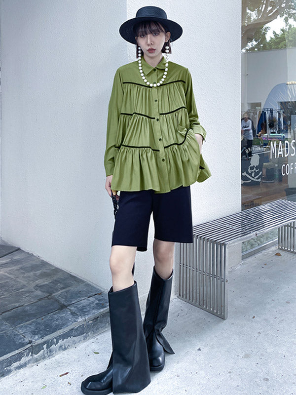 Original Buttoned Pleated Lapel Long Sleeves Blouse Tops