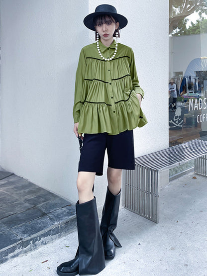 Original Buttoned Pleated Lapel Long Sleeves Blouse Tops