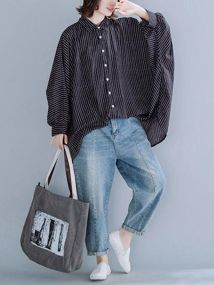 Loose Batwing Sleeves Striped Blouse