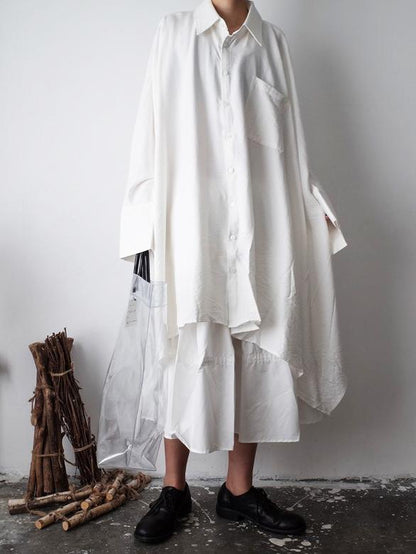 Urban Loose White Lapel Long Blouse