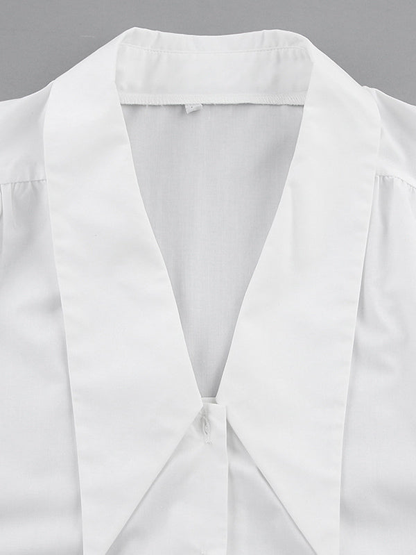 Urban Solid Color Split-Joint Pleated Lapel Collar Bishop Sleeves Shirt