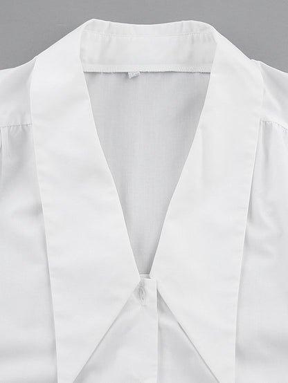 Urban Solid Color Split-Joint Pleated Lapel Collar Bishop Sleeves Shirt