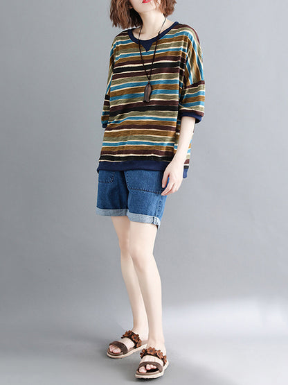 Casual Contrast Color Striped Short Sleeves T-Shirt Top
