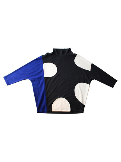 Original Casual Loose Split-Joint Color Matching Polka-Dot High-Neck Long Sleeves T-Shirt Tops