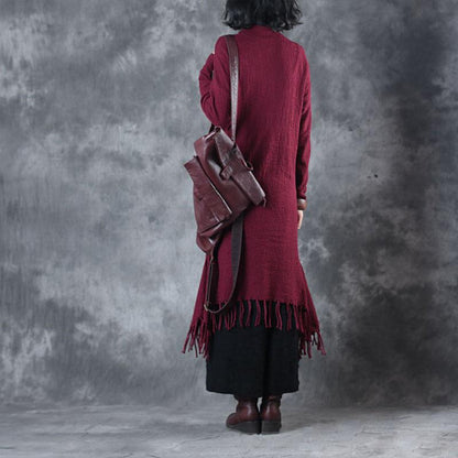 Autumn Winter Tassel Fitting Wine Red Dress For Women