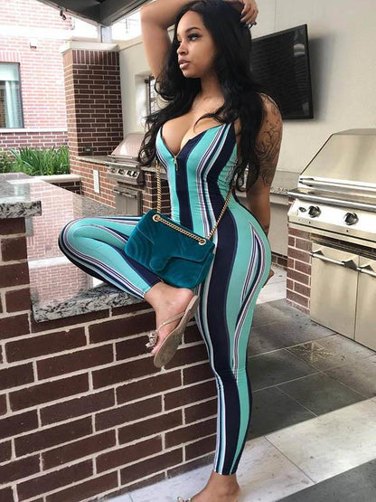 Spaghetti-neck Striped Jumpsuits
