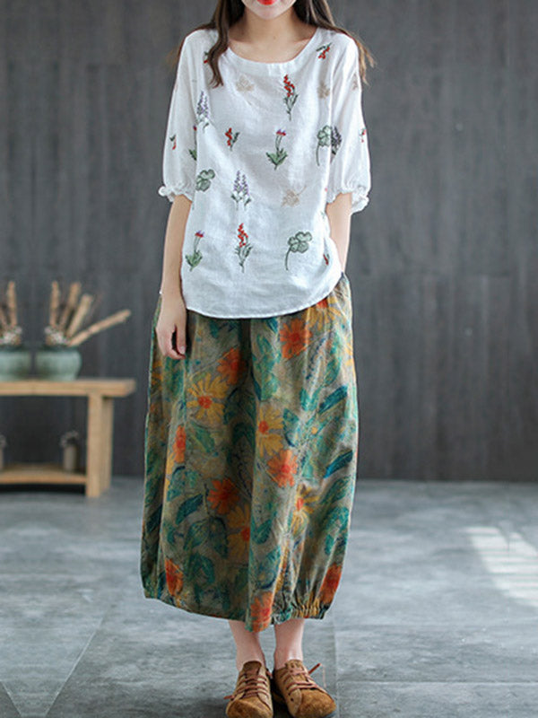 Ramie Cotton Embroidered Round-Neck Short Sleeve T-Shirts Tops