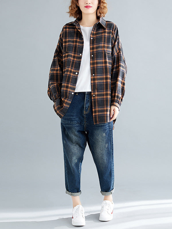 Artistic Retro Plaid Buttoned Lapel Collar Long Sleeves Blouse