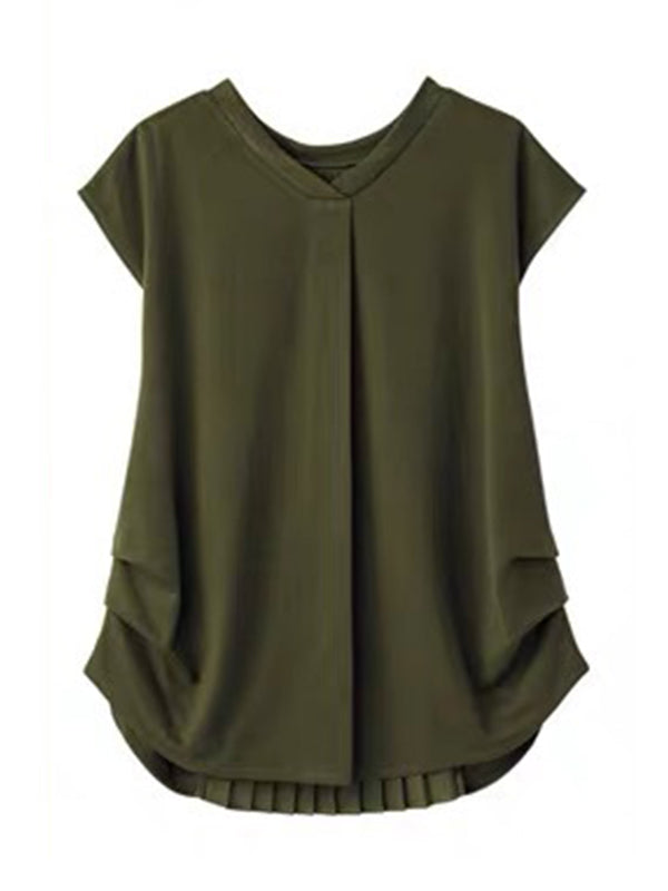 Simple Solid Color Pleated Round-Neck Short Sleeves T-Shirt