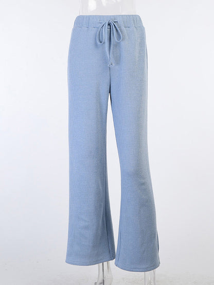 Simple Casual Solid Color Knitted Hoodies+Knitted Elasticity Wide Leg Pants 2 Pieces Set